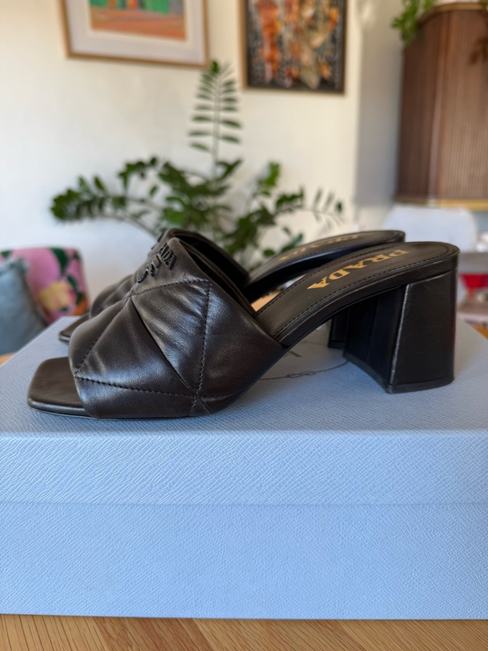 Prada Black Quilted Leather Square-Toe Heel Mules - Picture 5 of 11